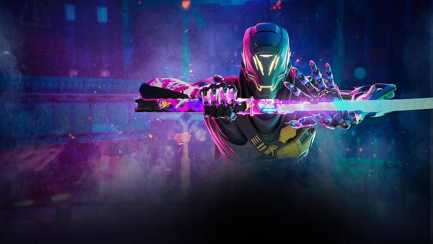Ghostrunner Cyberpunk Ninja Wielding Glowing Energy Blade in Neon-lit Futuristic Cityscape HD wallpaper