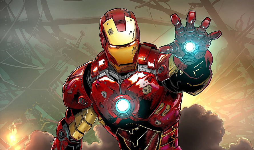 Iron Man Comic Art with Glowing Repulsor Hand and Battle Damaged Armor HD wallpaper