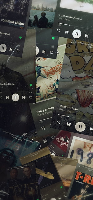 Spotify Music Player Interface Collage with Album Art and Rain Effect HD phone wallpaper