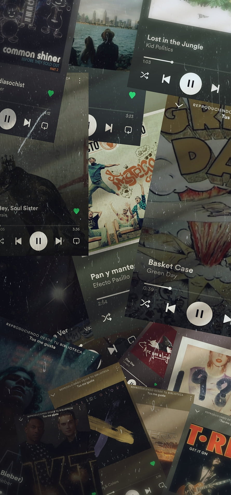 Spotify Music Player Interface Collage with Album Art and Rain Effect HD phone wallpaper