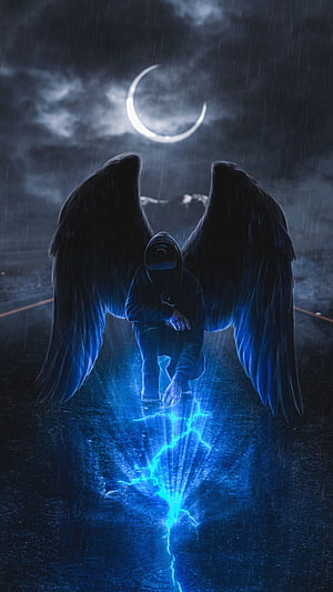 Hooded Figure With Dark Wings Reaching Toward Electric Blue Lightning on Rainy Road Under Crescent Moon HD phone wallpaper