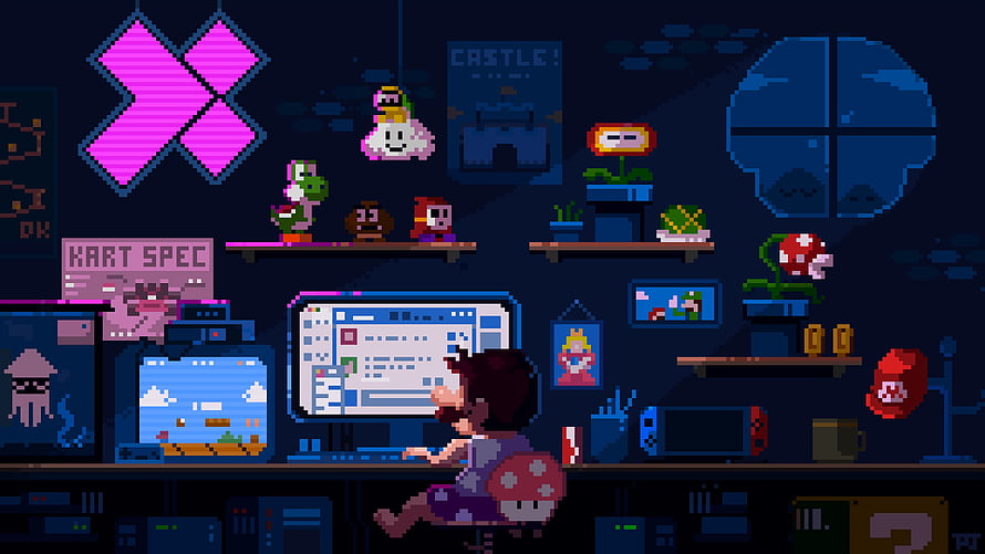 Super Mario Pixel Art Gamer Room with Nintendo Switch and Retro Gaming Setup HD wallpaper