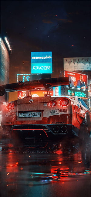 Nissan GT-R R35 Rear View in Neon-Lit Rainy City Street at Night HD phone wallpaper