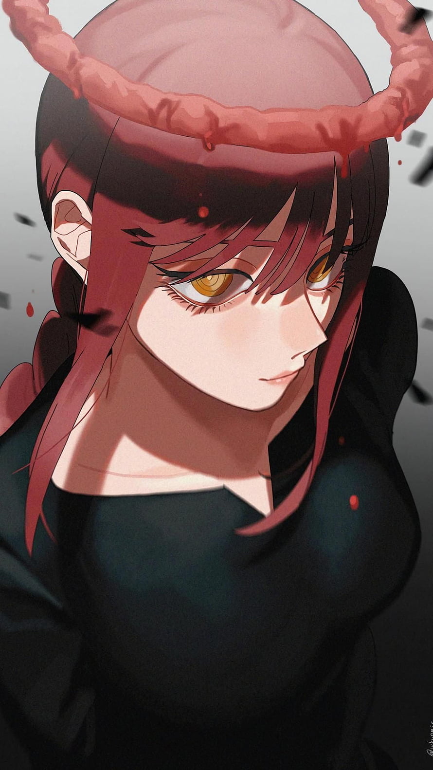 Makima from Chainsaw Man with red horns and golden eyes in dark attire HD phone wallpaper