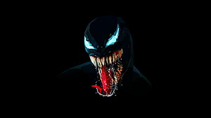 Venom Digital Artwork with Glowing Eyes and Fanged Grin on Black Background HD wallpaper