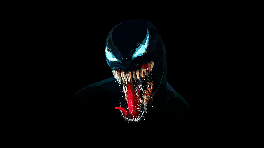 Venom Digital Artwork with Glowing Eyes and Fanged Grin on Black Background HD wallpaper