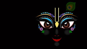 Stylized Krishna Face with Peacock Feather and Floral Decorations on Black Background HD wallpaper