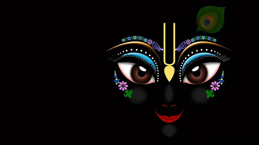 Stylized Krishna Face with Peacock Feather and Floral Decorations on Black Background HD wallpaper