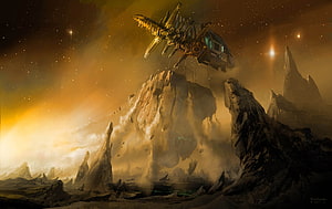 Massive Sci-Fi Spacecraft Hovering Over Alien Rocky Terrain in Golden Nebula HD wallpaper