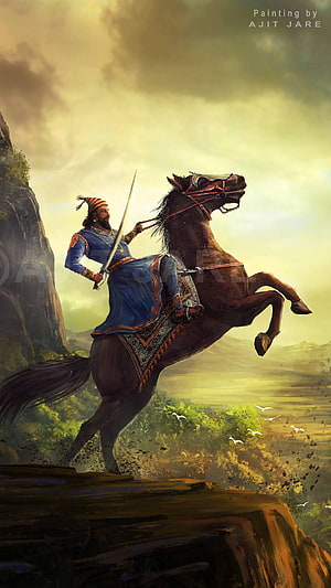 Shivaji Maharaj on a Rearing Horse with Sword in a Dramatic Landscape Painting HD phone wallpaper