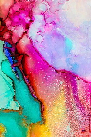 Vibrant Fluid Art Abstract with Swirling Pink, Teal, and Purple Paint Patterns HD phone wallpaper