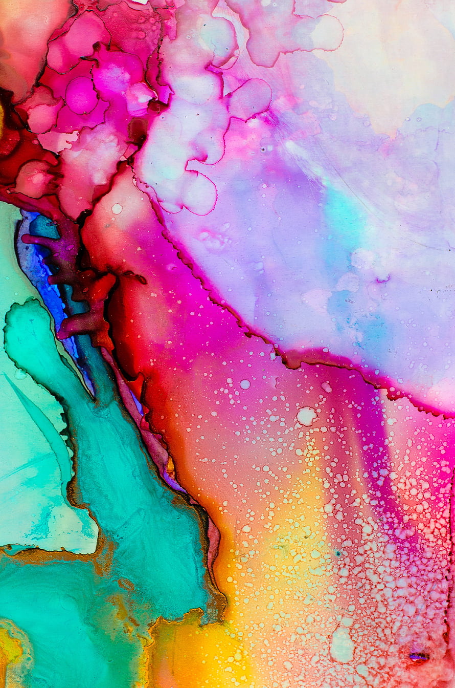 Vibrant Fluid Art Abstract with Swirling Pink, Teal, and Purple Paint Patterns HD phone wallpaper