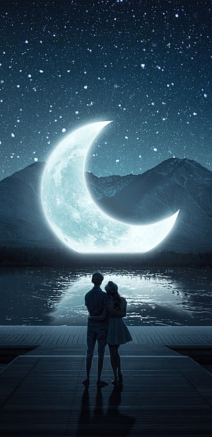 Romantic Couple Silhouette Watching Giant Crescent Moon Over Starry Lake and Mountains HD phone wallpaper