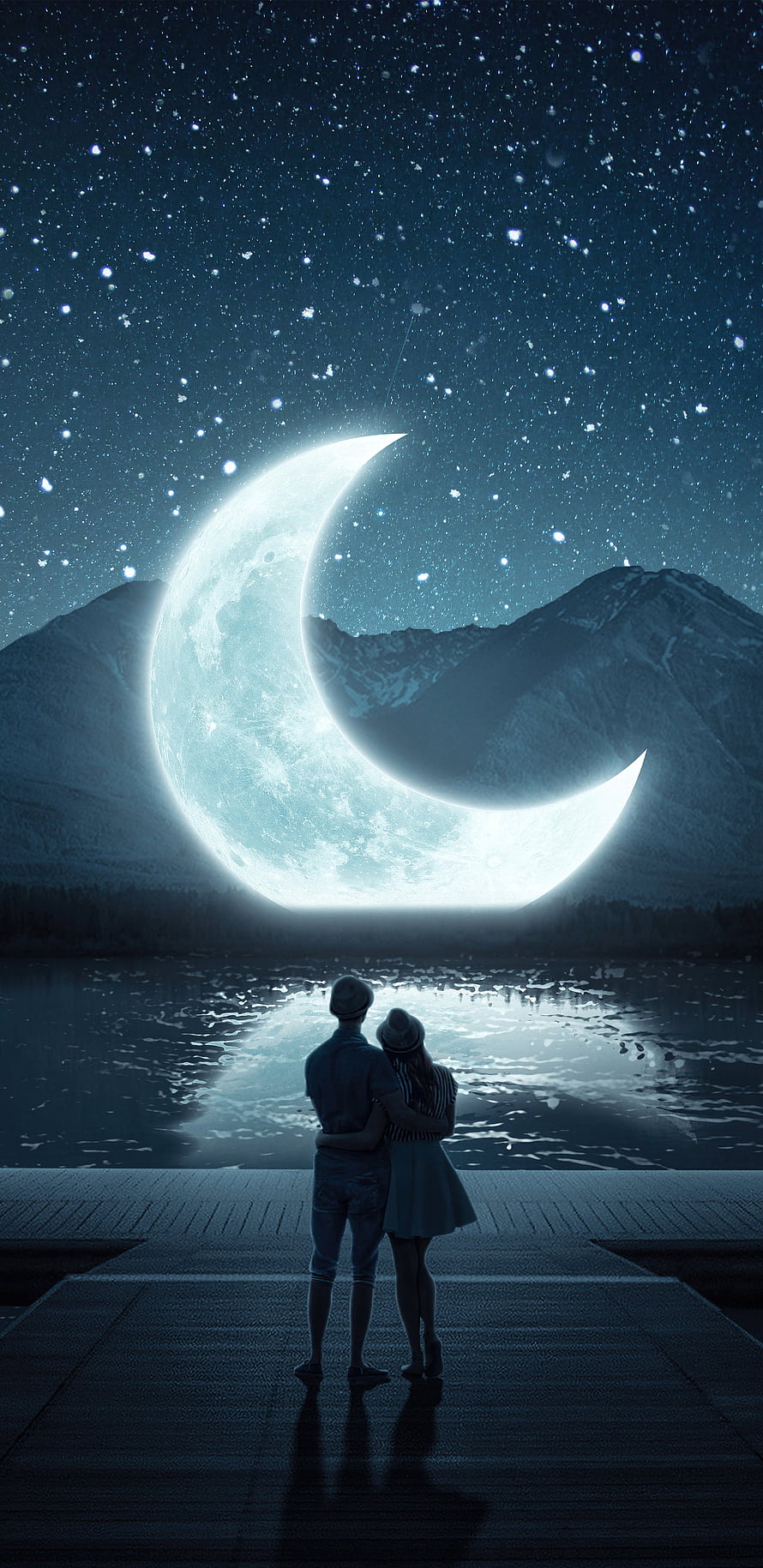 Romantic Couple Silhouette Watching Giant Crescent Moon Over Starry Lake and Mountains HD phone wallpaper