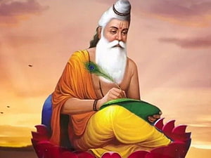 Maharishi Valmiki Writing the Ramayana on a Lotus Throne at Sunset HD wallpaper