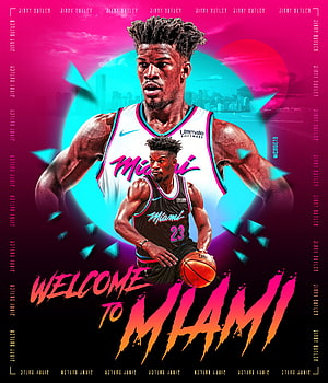 Jimmy Butler Miami Heat Welcome Poster with Vibrant Pink and Cyan Graphic Design HD phone wallpaper