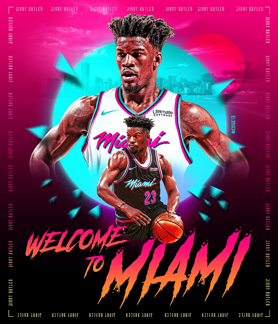 Jimmy Butler Miami Heat Welcome Poster with Vibrant Pink and Cyan Graphic Design HD phone wallpaper