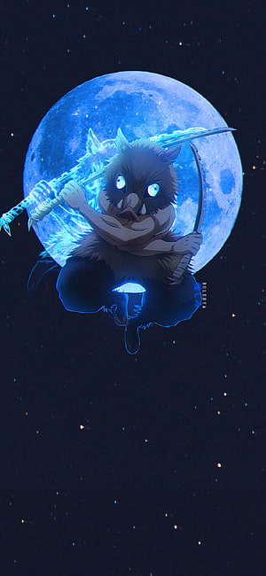 Inosuke Hashibira Demon Slayer Anime Artwork with Glowing Moon and Katana HD phone wallpaper