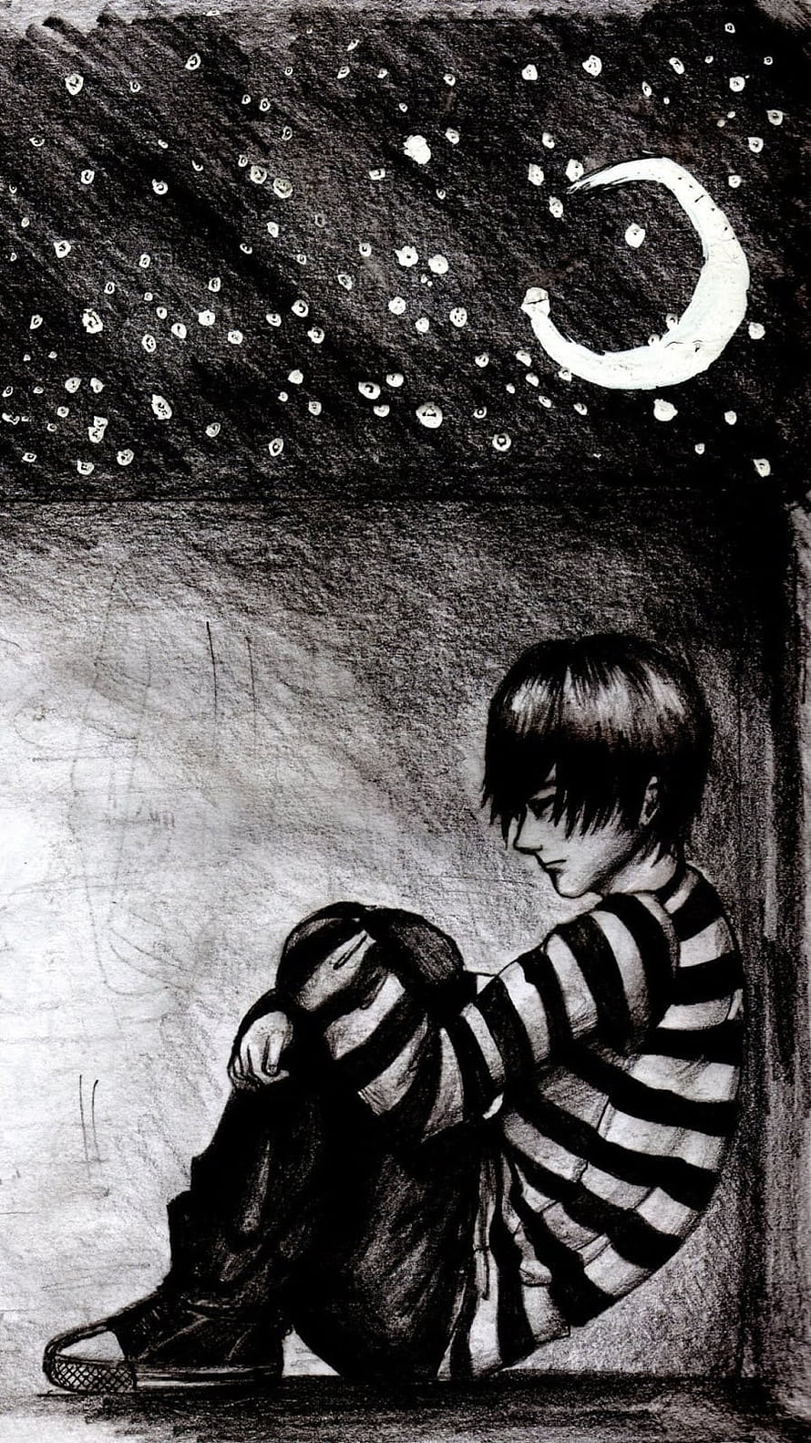 Melancholic Anime Boy Sitting Alone Under Starry Night Sky HD phone wallpaper