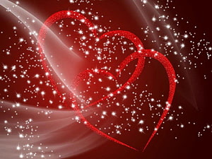 Sparkling Red Glitter Hearts on a Deep Crimson Background with White Starbursts HD wallpaper