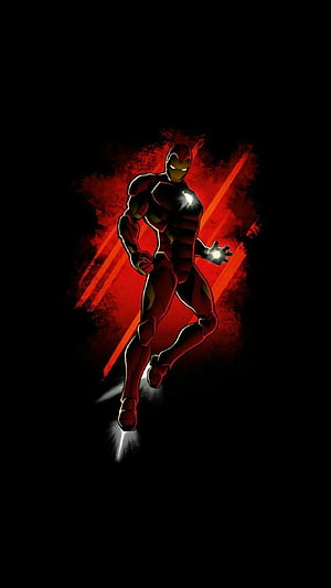 Iron Man Tony Stark Flying Silhouette with Glowing Repulsors Against Dark Red Background HD phone wallpaper