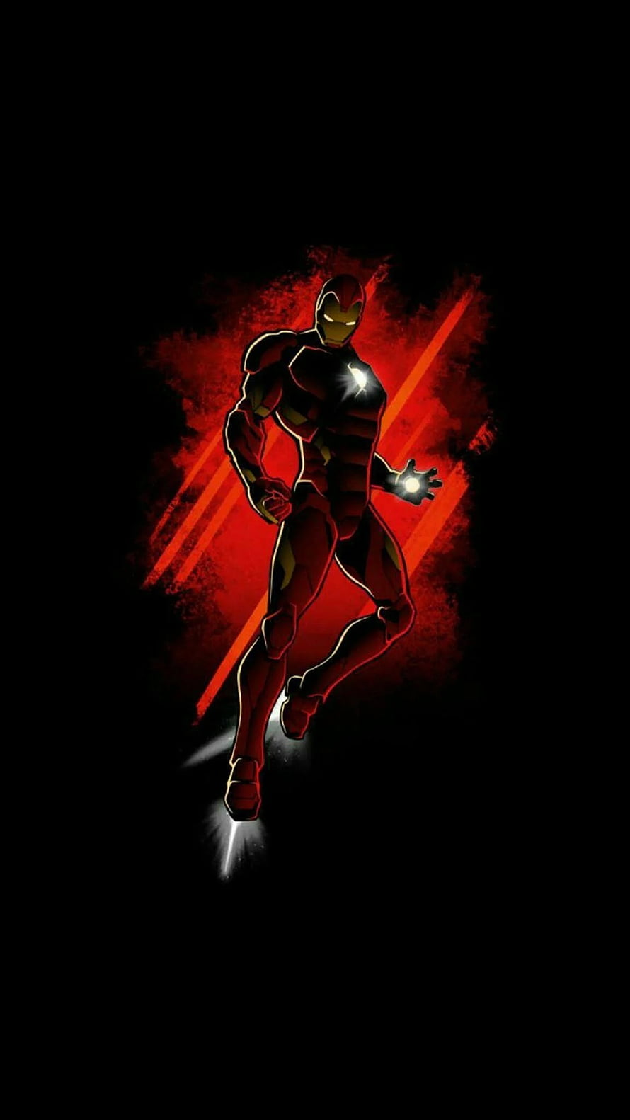 Iron Man Tony Stark Flying Silhouette with Glowing Repulsors Against Dark Red Background HD phone wallpaper