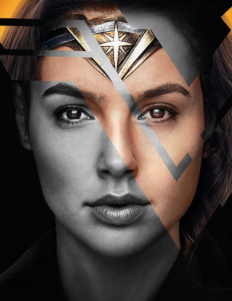 Gal Gadot as Wonder Woman in a Split-Tone Cinematic Portrait with Geometric Overlay HD phone wallpaper