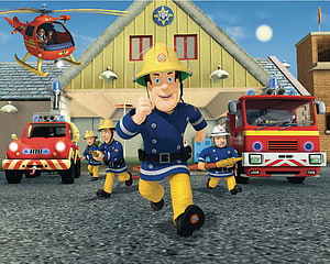 Fireman Sam and Crew Running from Fire Station with Vehicles and Helicopter HD wallpaper