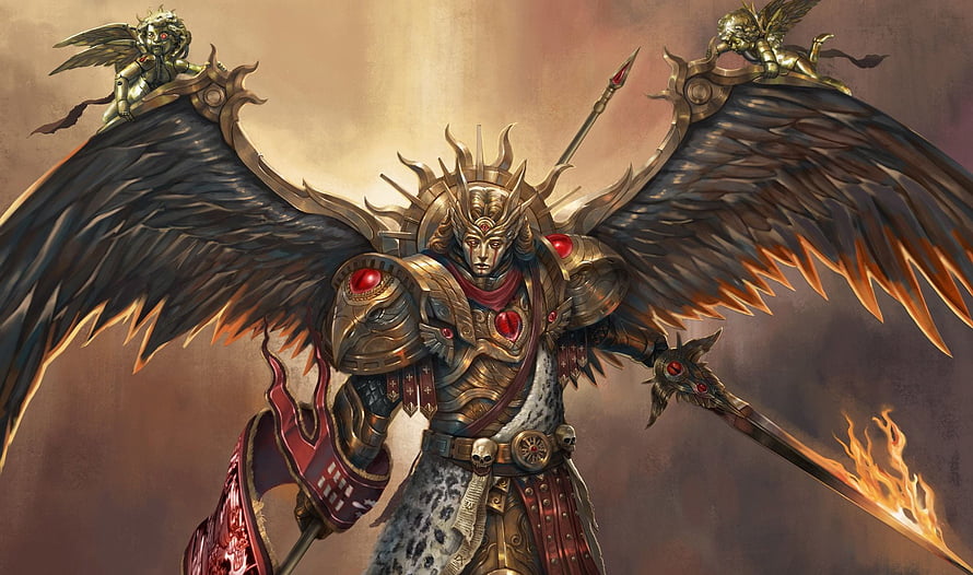 Sanguinius Primarch of the Blood Angels in ornate golden armor with massive feathered wings and flaming sword HD wallpaper