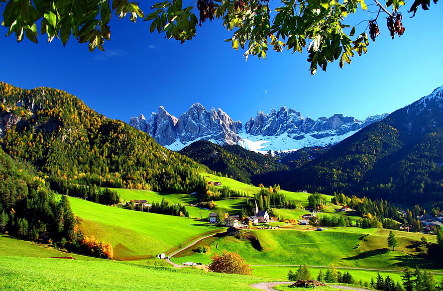 Alpine Valley Landscape With Snow-Capped Dolomites Peaks And Green Pastures HD wallpaper