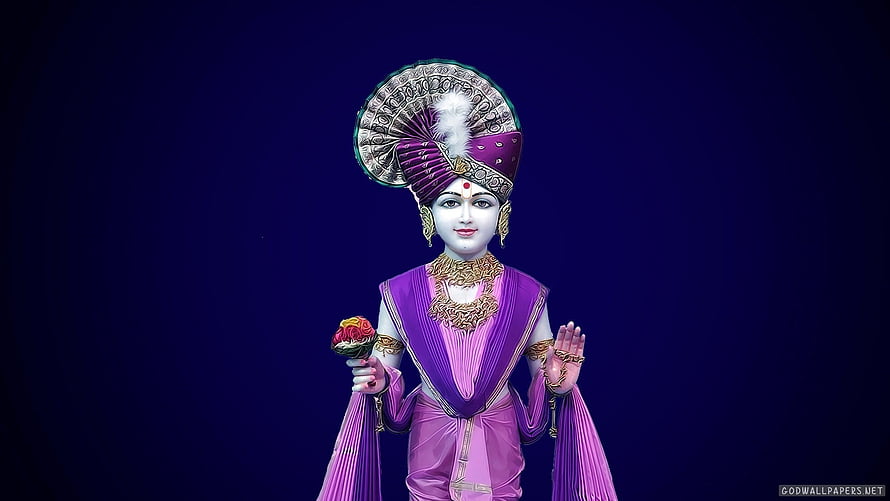 Swaminarayan Bhagwan Divine Portrait in Purple Attire with Ornate Headdress HD wallpaper
