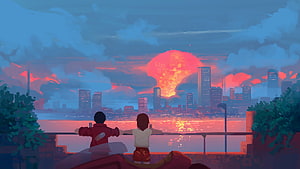 Anime Couple Watching a Dramatic Sunset Over a City Skyline HD wallpaper