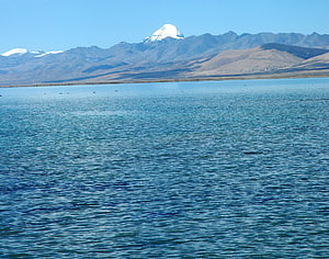 Mount Kailash Rising Above a Serene High-Altitude Lake Under a Clear Blue Sky HD wallpaper
