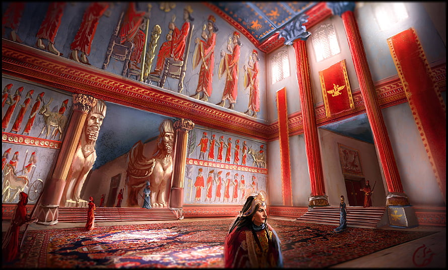 Pasargadae Palace Interior Concept Art with Persian Murals and Lamassu Statues HD wallpaper