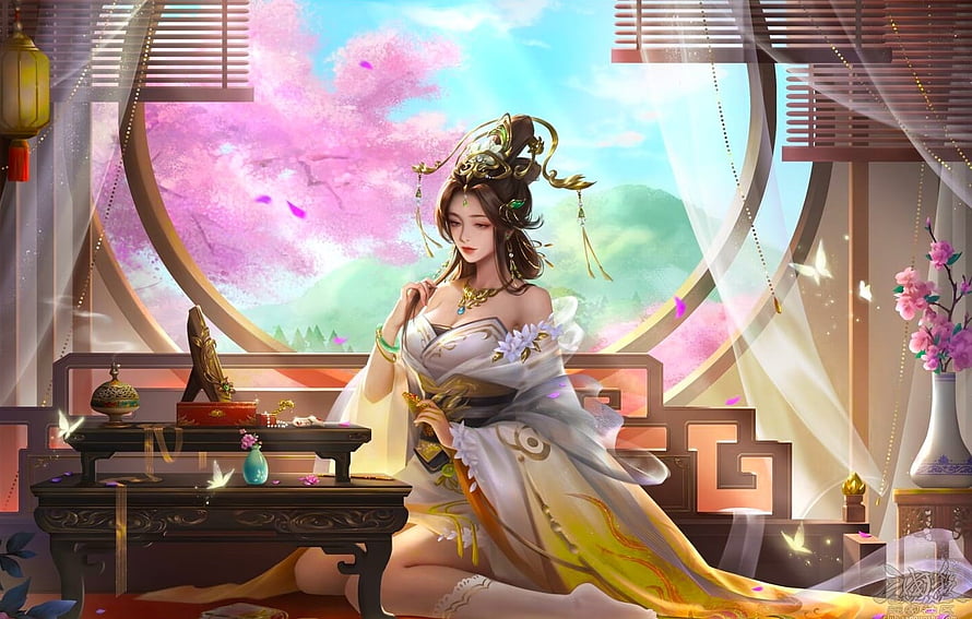 Elegant Asian Woman in Traditional Hanfu Seated in a Cherry Blossom Room HD wallpaper