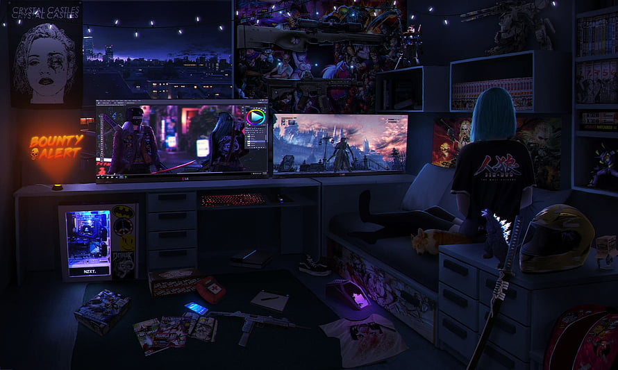 Cyberpunk Gamer Room with Neon Lighting and Dual Monitors HD wallpaper