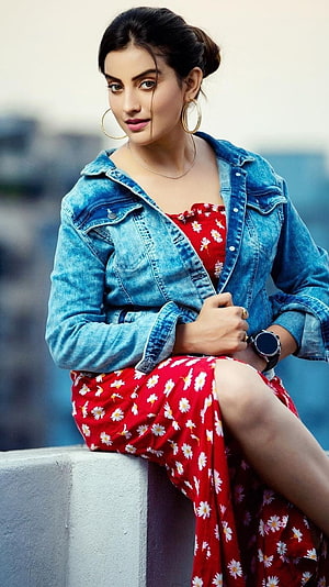 Akshara Singh in Red Floral Dress and Denim Jacket HD phone wallpaper