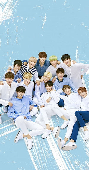 Seventeen K-Pop Group Photo in White and Blue Outfits on Light Blue Background HD phone wallpaper