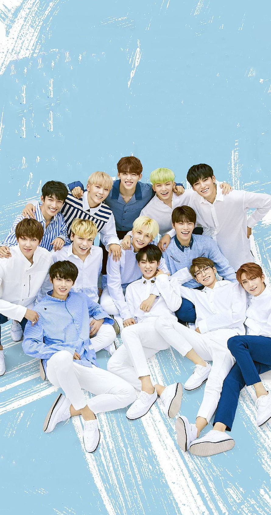 Seventeen K-Pop Group Photo in White and Blue Outfits on Light Blue Background HD phone wallpaper