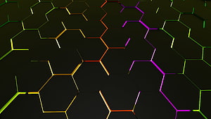 Neon Hexagonal Grid Pattern with Glowing Colorful Edges on Dark Background HD wallpaper