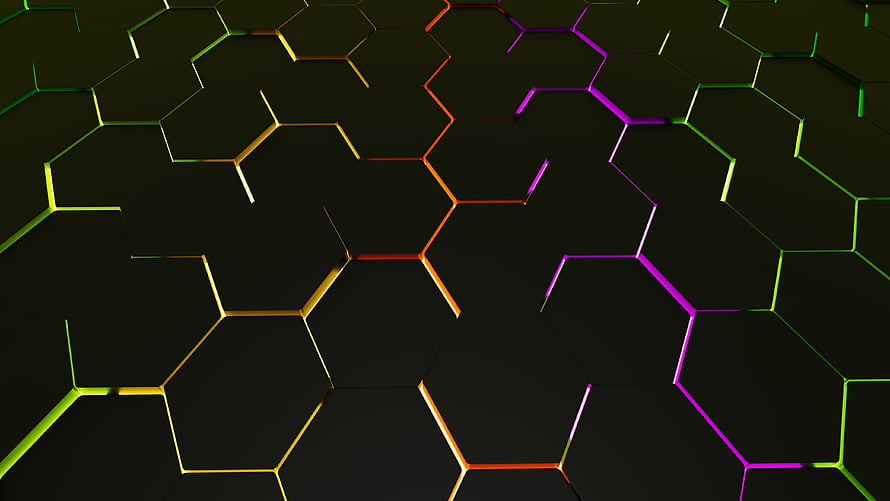 Neon Hexagonal Grid Pattern with Glowing Colorful Edges on Dark Background HD wallpaper