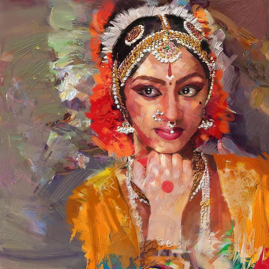 Impressionist Oil Painting of a Classical Indian Dancer in Traditional Attire HD phone wallpaper