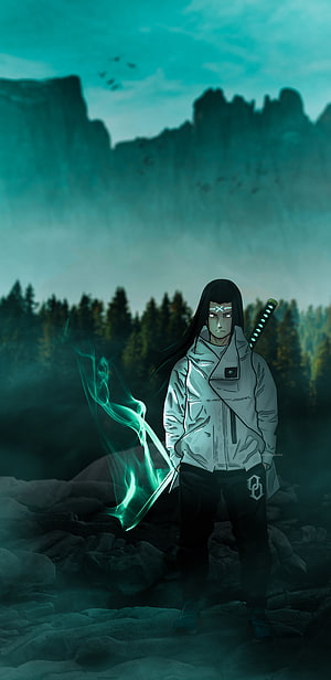 Neji Hyuga from Naruto standing in a misty forest with a glowing green energy sword HD phone wallpaper