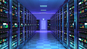 Illuminated Server Room Aisle with Glowing Data Racks and Blue Ambient Lighting HD wallpaper