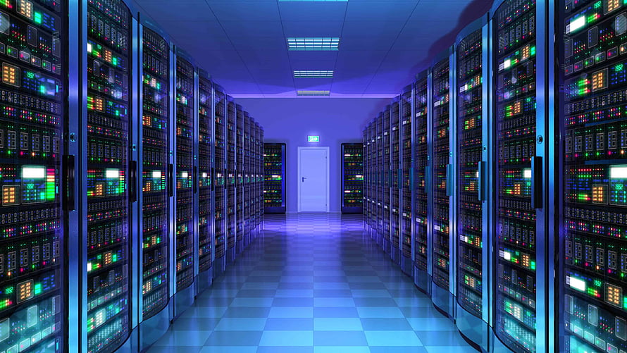 Illuminated Server Room Aisle with Glowing Data Racks and Blue Ambient Lighting HD wallpaper