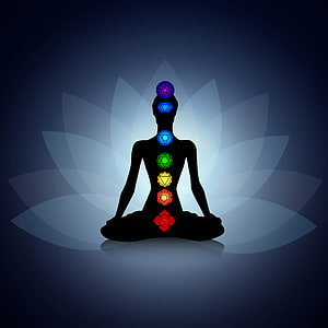 Meditating Figure Silhouette with Seven Glowing Chakra Symbols and Lotus Flower Background HD phone wallpaper