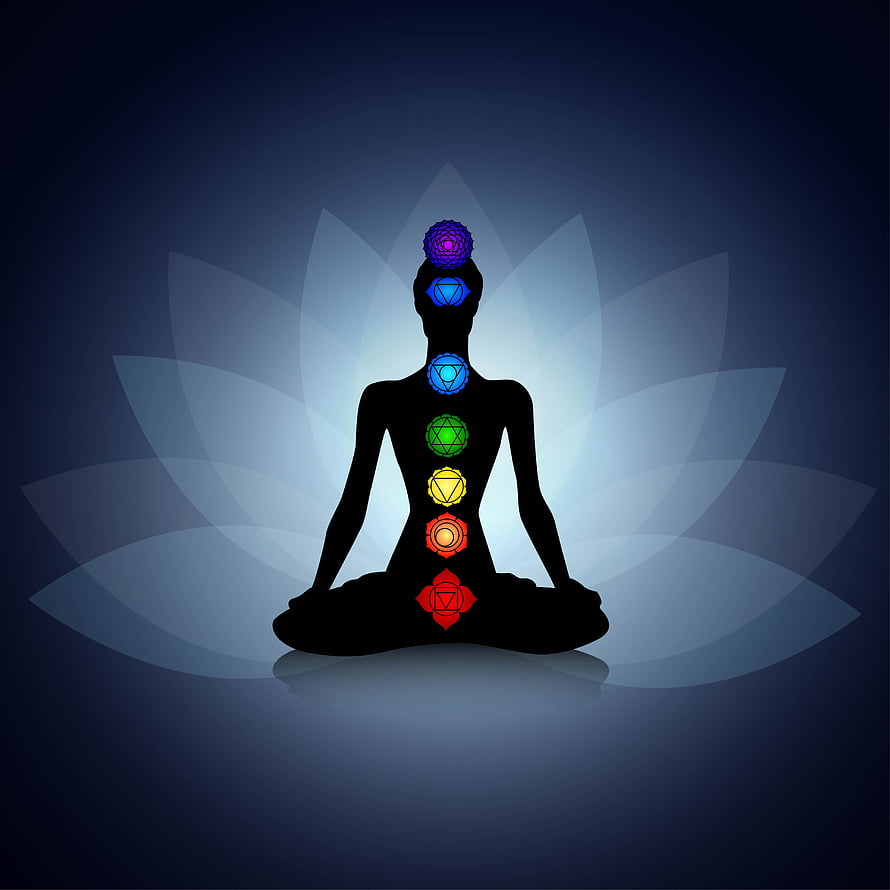 Meditating Figure Silhouette with Seven Glowing Chakra Symbols and Lotus Flower Background HD phone wallpaper