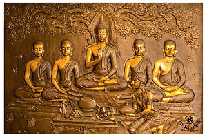 Gautam Buddha with Disciples 3D Relief Artwork in Golden Bronze Tones HD wallpaper