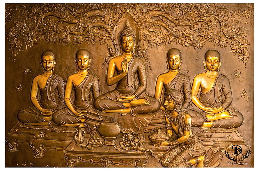 Gautam Buddha with Disciples 3D Relief Artwork in Golden Bronze Tones HD wallpaper