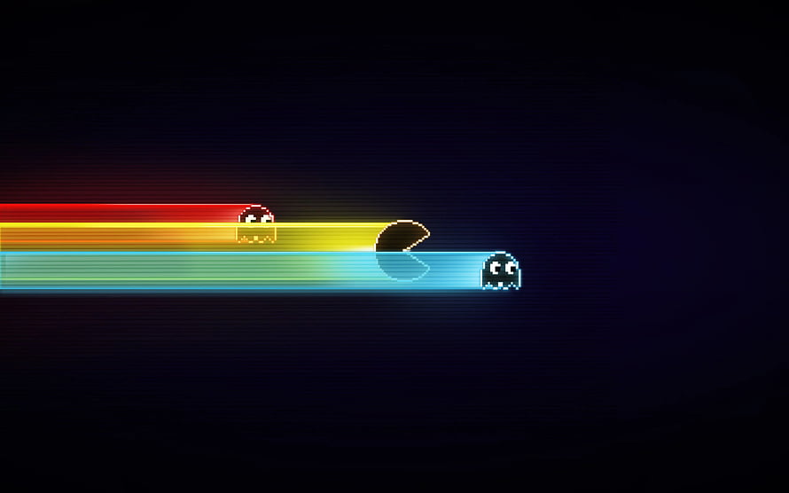 Retro Pac-Man and Ghosts Pixel Art with Neon Rainbow Trails on Dark Background HD wallpaper